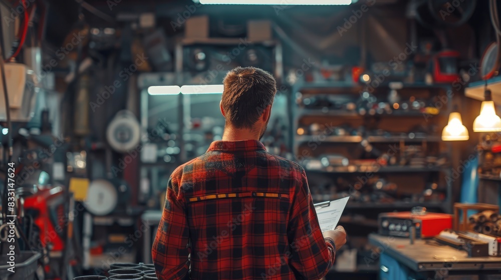a mechanic is measuring a job checklist in a car repair shop a mechanic is measuring a job checklist in a car repair shop