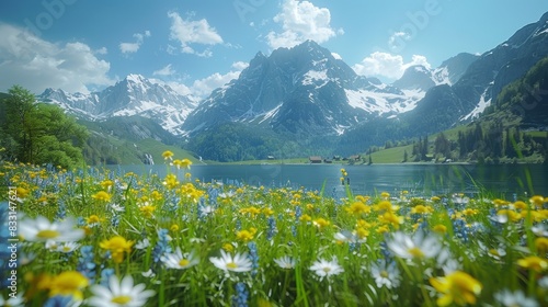 A vibrant meadow filled with blooming wildflowers framed by majestic snow-capped mountains under a clear blue sky.