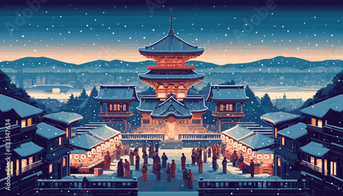Concept of Kyoto in winter with snow. Vector illustration.