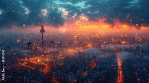 Breathtaking aerial view of a city skyline at sunset, with vibrant lights glowing through the mist and a dramatic, cloudy sky.