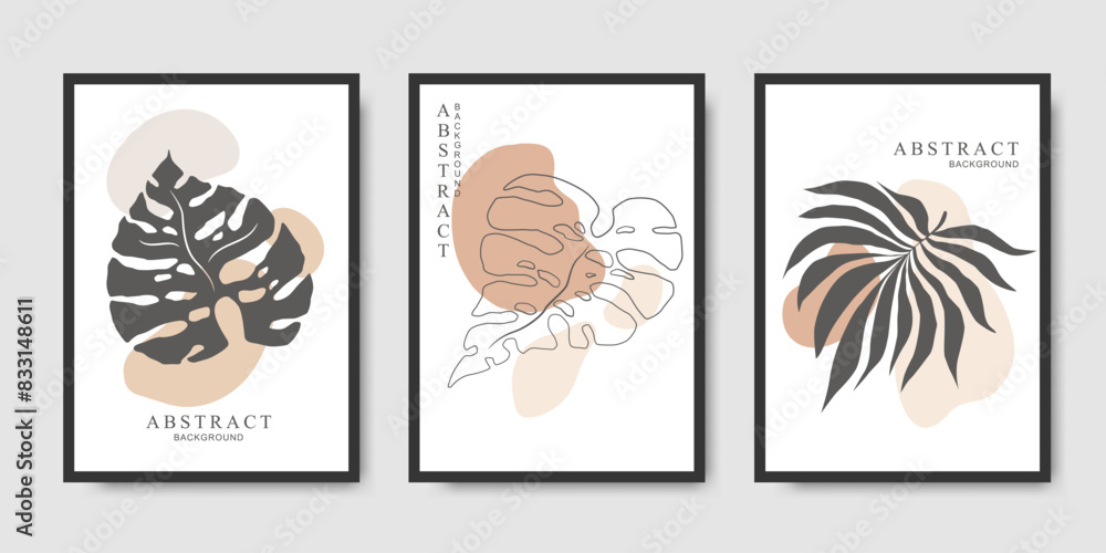 Vector card templates collection with hand drawn tropical leaves and abstract shapes isolated on grey background. Trendy modern illustration design for poster print, card, banner Vector card templates collection with hand drawn tropical leaves and abstract shapes isolated on grey background. Trendy modern illustration design for poster print, card, banner