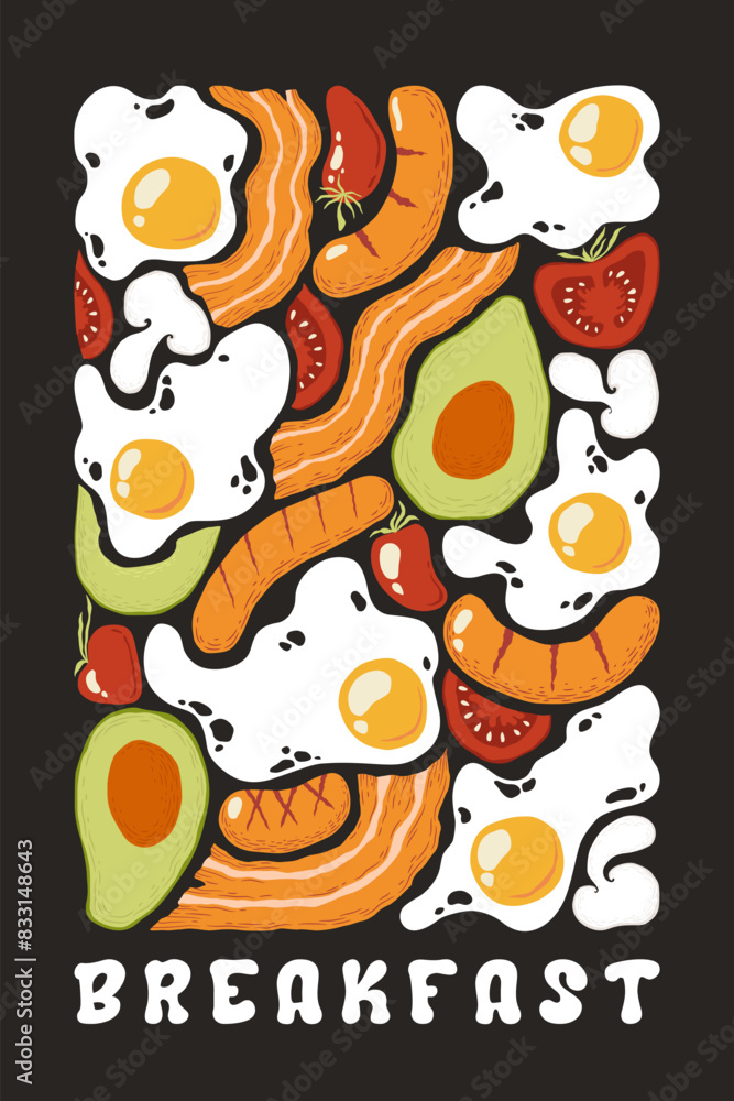 Vector illustration with hand drawn abstract fried eggs, bacon, sausages, tomatoes, avocados silhouettes isolated on black background. Food illustration clipart for poster print, card, menu Vector illustration with hand drawn abstract fried eggs, bacon, sausages, tomatoes, avocados silhouettes isolated on black background. Food illustration clipart for poster print, card, menu