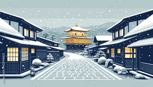 Concept of Kyoto in winter with snow. Vector illustration.