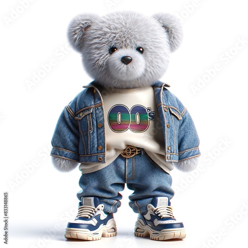 A cute stylish 3D image of a Teddy bear with 00s clothing fashion style