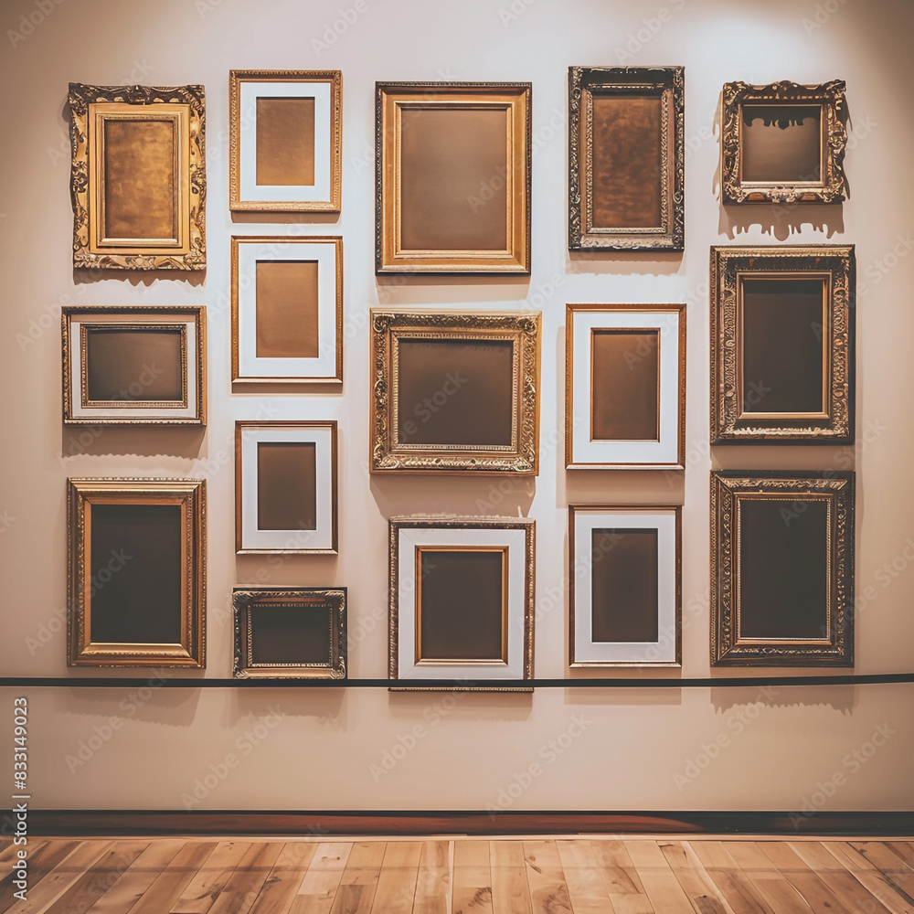 Ivory wall in a spacious gallery adorned with extensive blank frames for a minimalist appeal. Ivory wall in a spacious gallery adorned with extensive blank frames for a minimalist appeal.