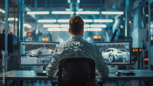  a male chief automotive engineer sitting in front of a computer monitoring control car factory work desk  © Media Srock