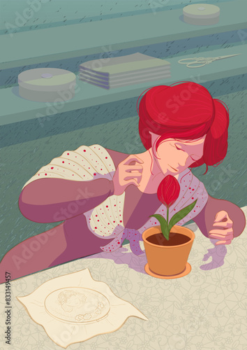 Fairy tale Thumbelina illustration for childrens book. Woman and tulip in flower pot. Vector drawing cartoon