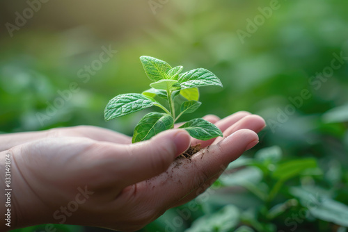 Close-up of a young plant being held in a hand, symbolizing growth and care