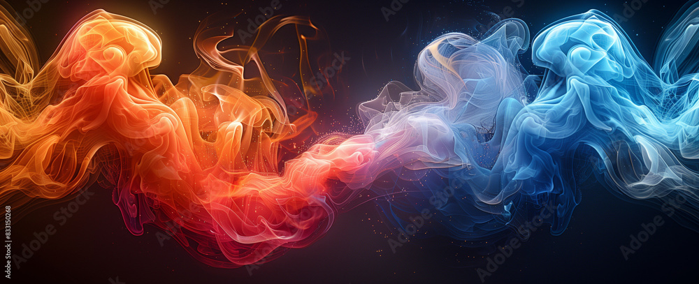 Dynamic abstract art of swirling blue and orange smoke on a dark background, representing the contrast and harmony of opposing forces. Dynamic abstract art of swirling blue and orange smoke on a dark background, representing the contrast and harmony of opposing forces.