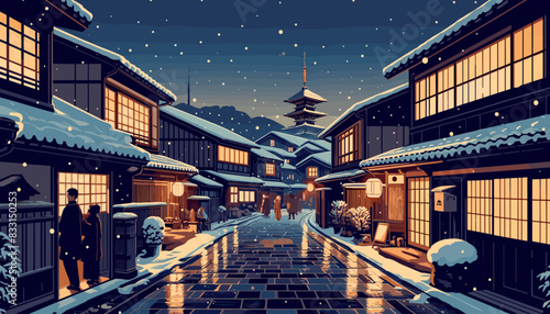Concept of Kyoto in winter with snow. Vector illustration.