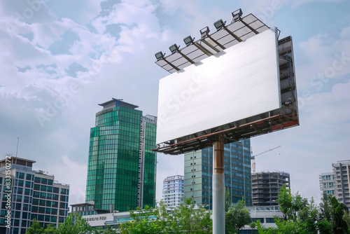 Solar-powered billboard in an eco-friendly office district, featuring a clean white advertising space. photo