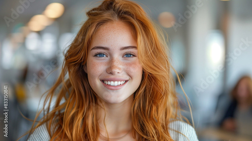  A young woman smiling brightly indoors, surrounded by soft natural light and a cozy, inviting atmosphere. Perfect for themes of happiness and warmth