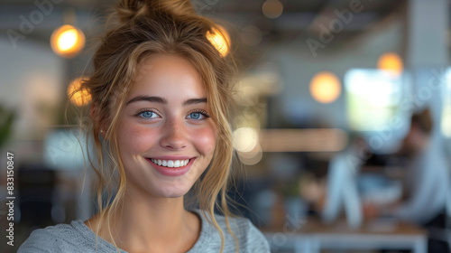  A young woman smiling brightly indoors  surrounded by soft natural light and a cozy  inviting atmosphere. Perfect for themes of happiness and warmth