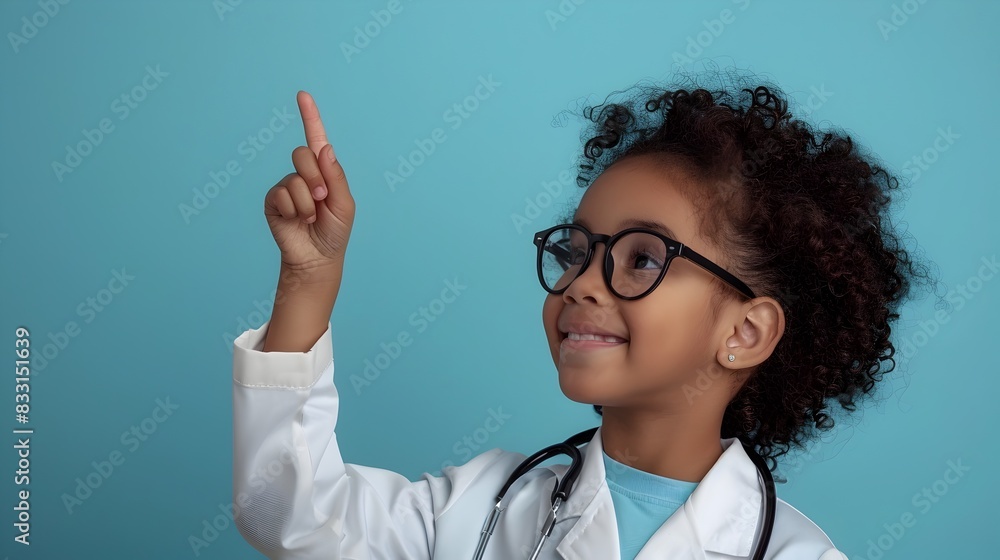 Young Girl with Glasses Pointing Upwards Aspiring to Become a Doctor Young Girl with Glasses Pointing Upwards Aspiring to Become a Doctor