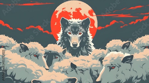 Minimalist Art Vector Deceitful Wolf in Sheeps Clothing Symbolizes Hidden Danger photo