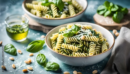 Pesto and pine nut pasta salad, fusilli pasta with regato cheese and baby spinach coated in basil pesto, Italian food 