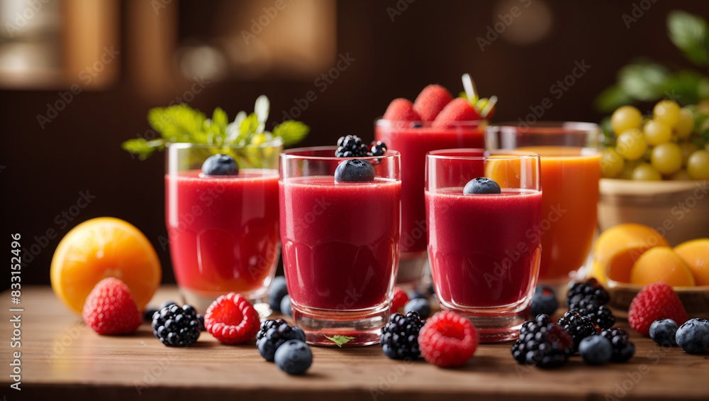 Three glasses of fruit juice with fresh berries on a table.
Three glasses of fruit juice with fresh berries on a table.