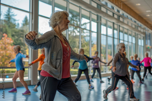 Group of seniors in a fitness class, doing stretching exercises