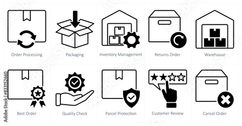A set of 10 shopping icons as order processing, packaging, inventory management