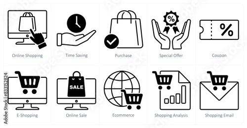 A set of 10 shopping icons as online shopping, time saving, purchase