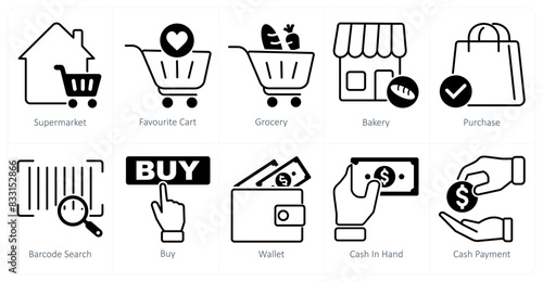 A set of 10 shopping icons as supermarket, favorite cart, grocery