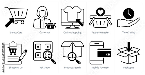 A set of 10 shopping icons as select cart, customer, online shopping