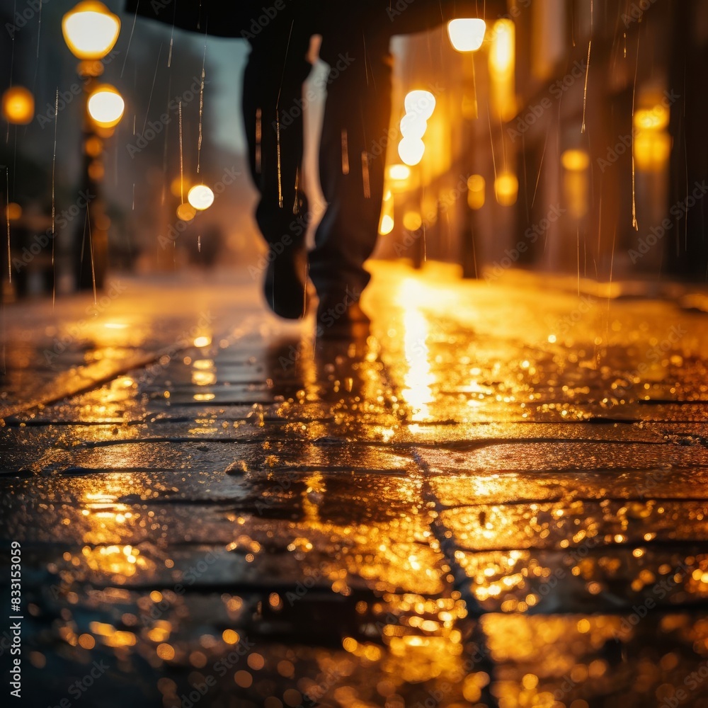 Silhouette of a person walking on a wet cobblestone street illuminated by streetlights during a rainy evening in the city.