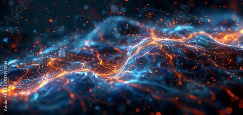 Collaborative AI tech minds, glowing synaptic debrief, neural pathways, futuristic brain design, blue and orange illumination photo