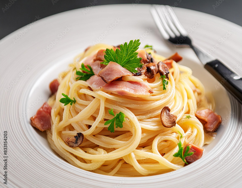 Closeup plate of spaghetti ham with Cabonara cream source with fork on table background. Closeup plate of spaghetti ham with Cabonara cream source with fork on table background.