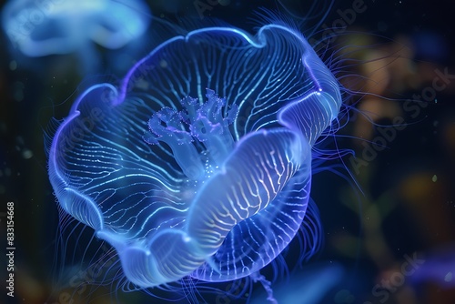Luminous bioluminescent jellyfish pulsate and drift in a deep-sea current. © crescent