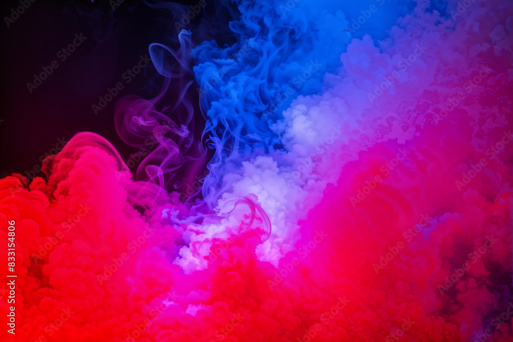 Fototapeta premium Dramatic smoke and fog in contrasting vivid red, blue, and purple colors. Vivid and intense abstract background or wallpaper.