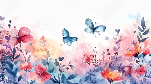 Fototapeta Naklejka Na Ścianę i Meble -  Watercolor painting of butterflies and flowers in a soft, pastel color palette.