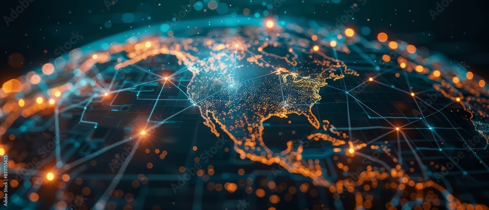Obraz premium Digital world map with network connections, illustrating global communication and connectivity