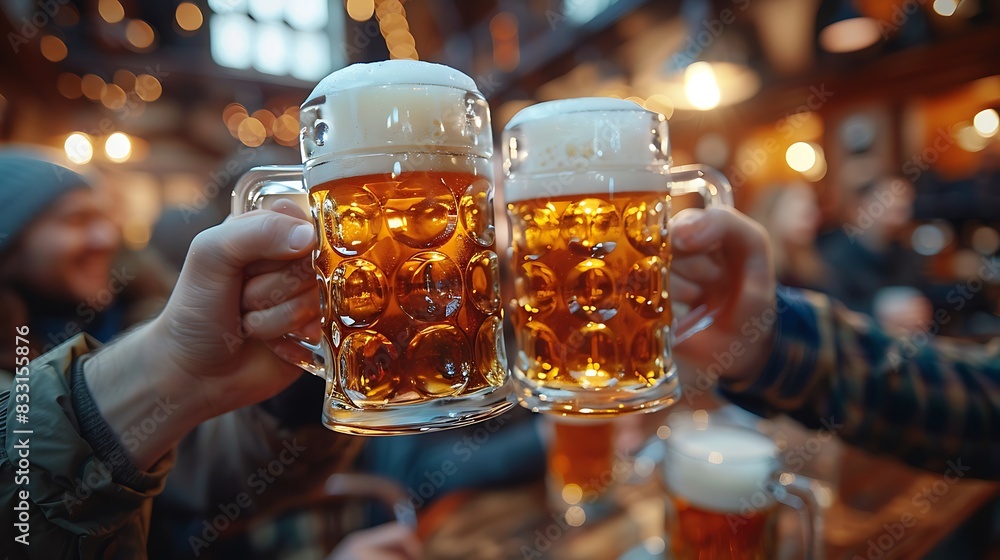 A close-up of a multicultural group of colleagues toasting with beer mugs in a casual, lively pub setting. A close-up of a multicultural group of colleagues toasting with beer mugs in a casual, lively pub setting.