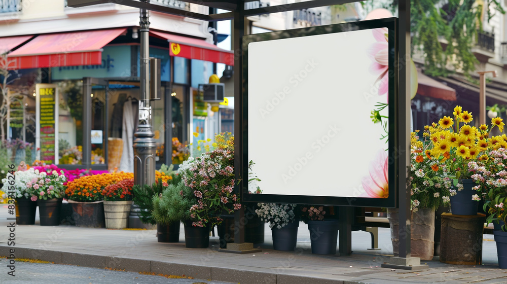 Flower market scene with a vertical blank billboard at a bus stop. Flower market scene with a vertical blank billboard at a bus stop.