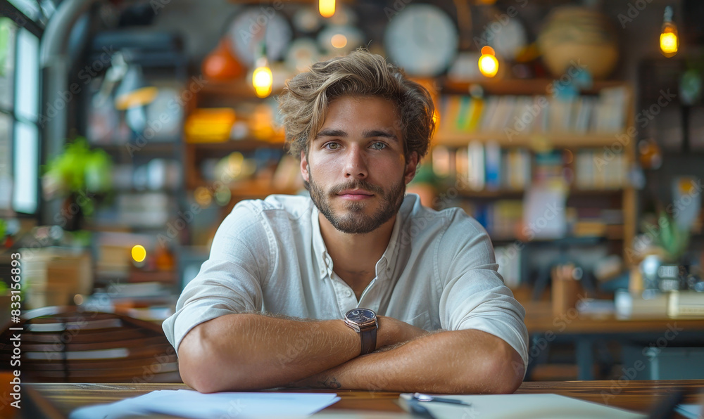 Young Male Employee Practicing Time Management in Cozy Office with Clocks and Shelves During Daytime, Focused on Productivity and Efficiency Young Male Employee Practicing Time Management in Cozy Office with Clocks and Shelves During Daytime, Focused on Productivity and Efficiency
