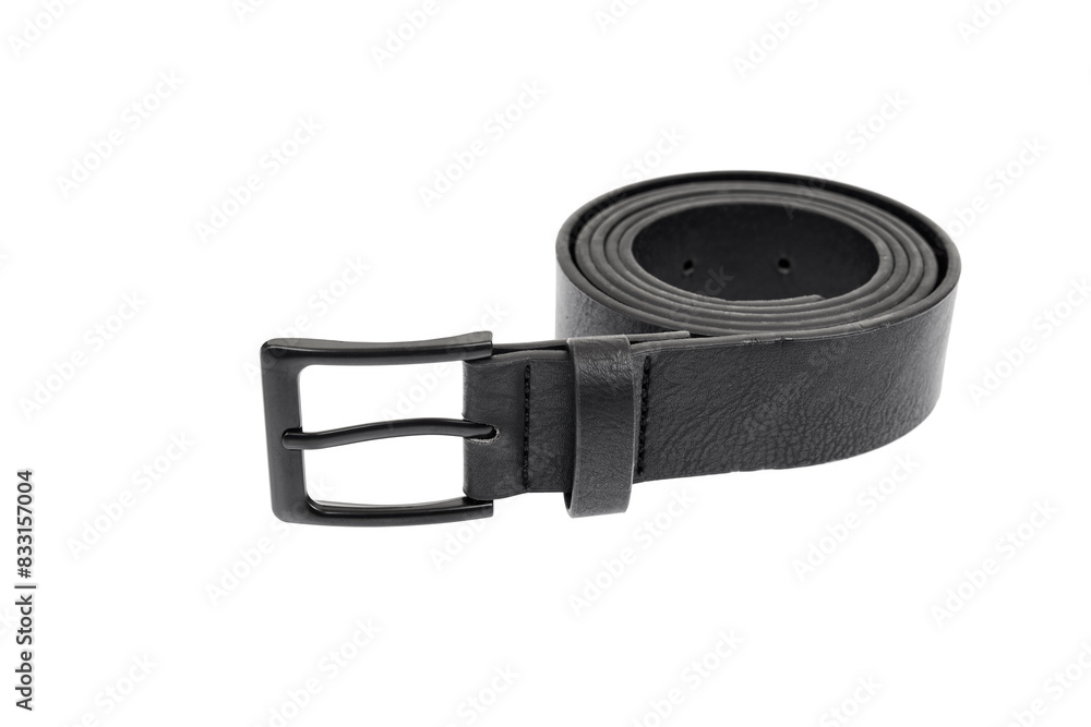 Fashionable men's leather belt with dark metal buckle isolated on white background. Black belt for men. Black leather belt for trousers. Fashionable men's leather belt with dark metal buckle isolated on white background. Black belt for men. Black leather belt for trousers.