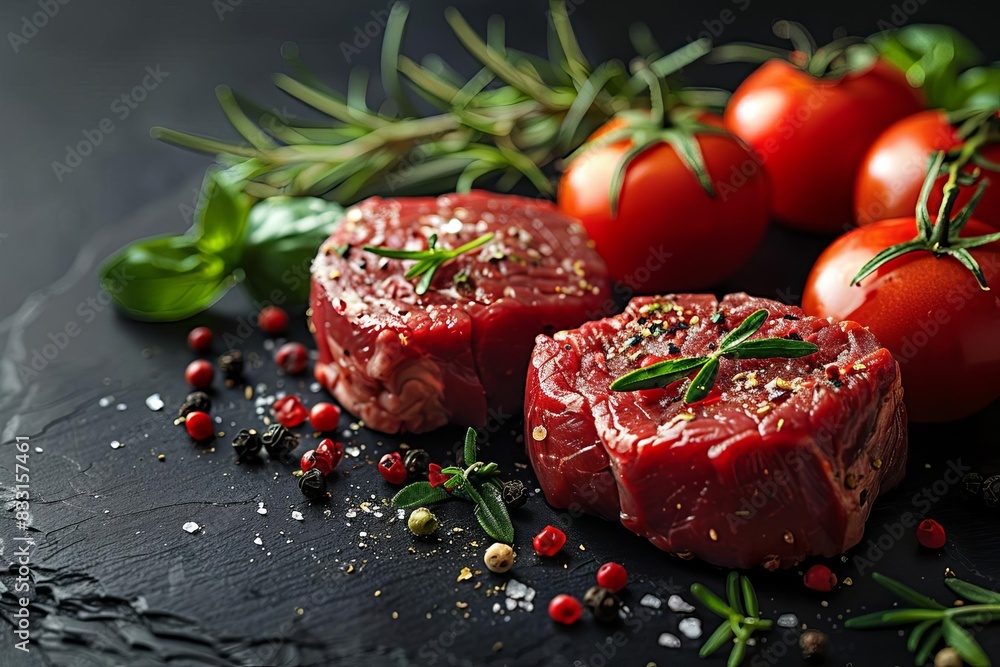 Raw beef steaks and tomatoes arranged with herbs and spices on a dark slate background, modern culinary, vibrant colors, sharp detail Raw beef steaks and tomatoes arranged with herbs and spices on a dark slate background, modern culinary, vibrant colors, sharp detail