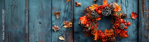 Autumn Wreath on Rustic Wooden Door with Vibrant Seasonal Foliage and Textures