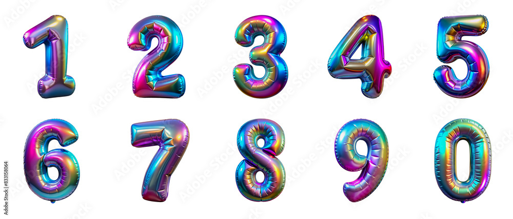 Colorful metallic number balloons. Numbers from 0 to 9 made with holographic birthday balloons, cut out - stock 3d. Colorful metallic number balloons. Numbers from 0 to 9 made with holographic birthday balloons, cut out - stock 3d.