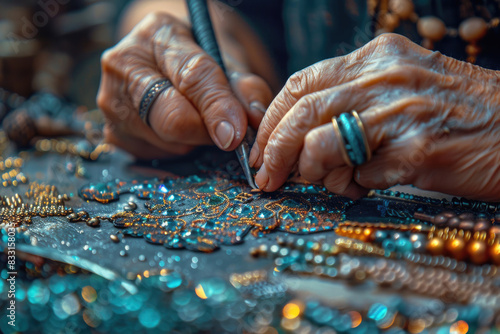 Close-up of an artisan’s hands crafting a piece of jewelry, showing skill and craftsmanship