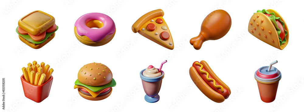 3d cartoon fast food icons set. Fast Food 3d icon set. Sandwich, doughnut, pizza, chicken leg, french fries, burger, milkshake, hot dog, soda, cut out - stock 3d. 3d cartoon fast food icons set. Fast Food 3d icon set. Sandwich, doughnut, pizza, chicken leg, french fries, burger, milkshake, hot dog, soda, cut out - stock 3d.