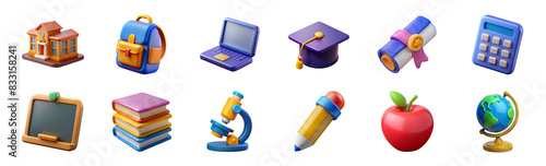 3d cartoon education icons set. School, backpack, laptop, graduation cap, diploma, calculator, chalkboard, books, microscope, pencil, apple, globe, cut out - stock 3d.