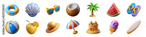 3D icons with vacation and tropical elements. Lifebuoy, shell, sunglasses, coconut, palm tree, watermelon, flip flops, ball, lemonade, hat, umbrella, sandcastle, ice cream, surfing, cut out - stock 3d