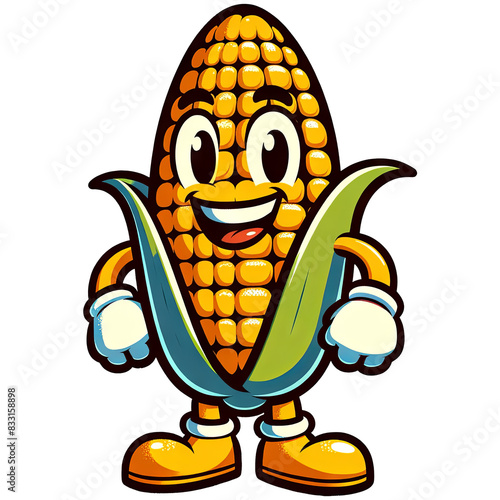 A cartoon of a corn cob with a big smile on its face. The corn cob is wearing a pair of shoes and has its hands on its hips. Clip-arts for decoration. PNG cliparts and stickers transparent background