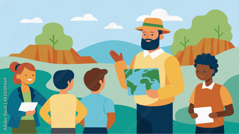 The guide shares interesting tidbits about the history and geology of the area bringing a deeper understanding and appreciation for the land and its. Vector illustration The guide shares interesting tidbits about the history and geology of the area bringing a deeper understanding and appreciation for the land and its. Vector illustration
