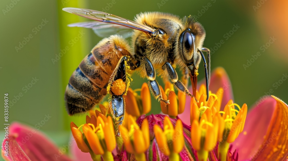 Close-up of a honeybee collecting nectar from a vibrant flower. Detailed macro shot highlighting the beauty of nature. Close-up of a honeybee collecting nectar from a vibrant flower. Detailed macro shot highlighting the beauty of nature.
