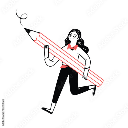 Young woman holding a big pencil.