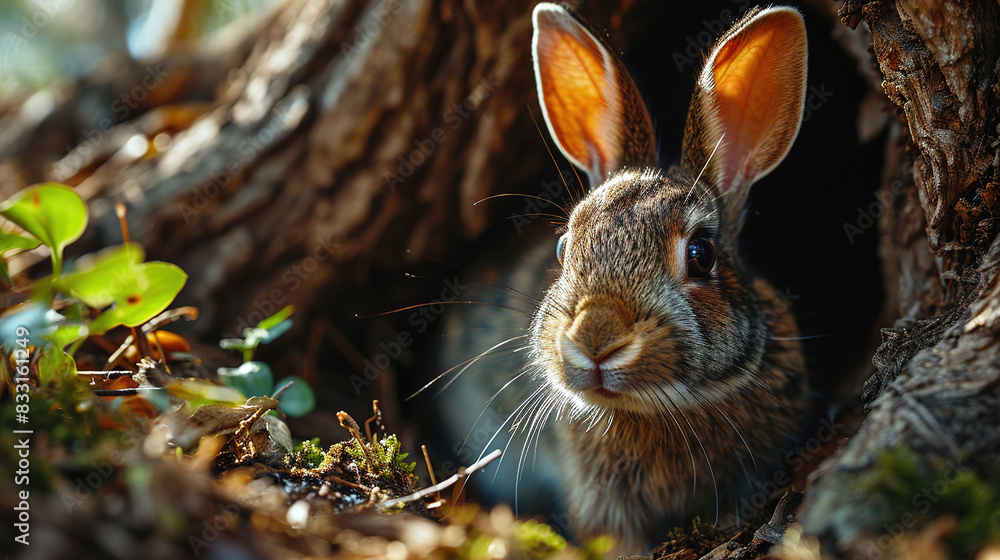Fototapeta premium Adorable Small Squirrel in Tree Shelter Front View Focus On Foreground