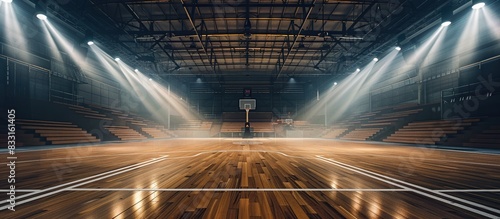 Empty basketball court with dramatic lighting on blurred background.